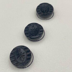 Antique Black Glass Buttons Set Of 3 Victorian Jet Floral Design Self Shank